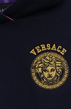 Детское хлопковое платье VERSACE синего цвета, арт. 1010458/1A07555/8A-14A | Фото 3 (Рукава: Длинные; Случай: Повседневный; Материал сплава: Проставлено; Материал внешний: Хлопок; Драгоценные камни: Проставлено)