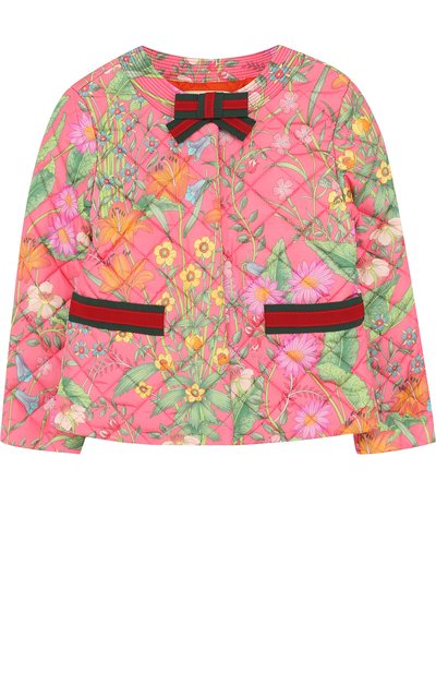 Стеганая куртка с принтом и круглым вырезом GUCCI розового цвета по цене 46850 руб., арт. 503518/XBD53, фото 1 Стеганая куртка с принтом и круглым вырезом GUCCI, арт. 503518/XBD53, фото 1