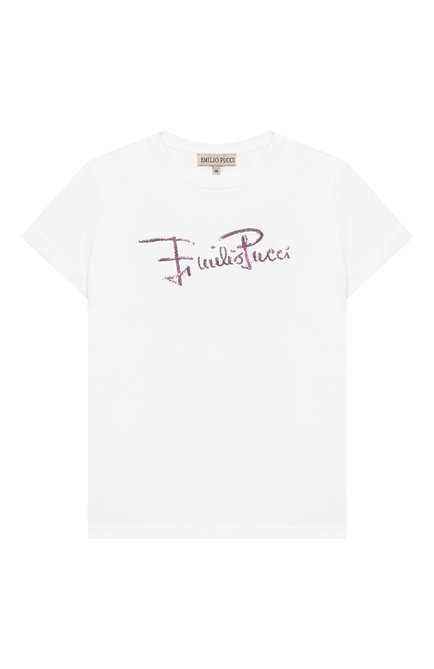 Детская хлопковая футболка EMILIO PUCCI белого цвета, арт. 9N8151/NC470/10-14 | Фото 1 (Материа�л внешний: Хлопок; Рукава: Короткие; Девочки Кросс-КТ: футболка-одежда; Ростовка одежда: 10 - 11 лет | 140 - 146см, 12 лет | 152 см, 13 - 15 лет | 158 см)