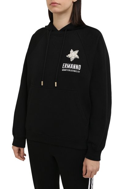 Хлопковое худи ERMANNO FIRENZE черного цвета по цене 32400 руб., арт. D39ET FL071FEL, фото 3 Хлопковое худи ERMANNO FIRENZE, арт. D39ET FL071FEL, фото 3