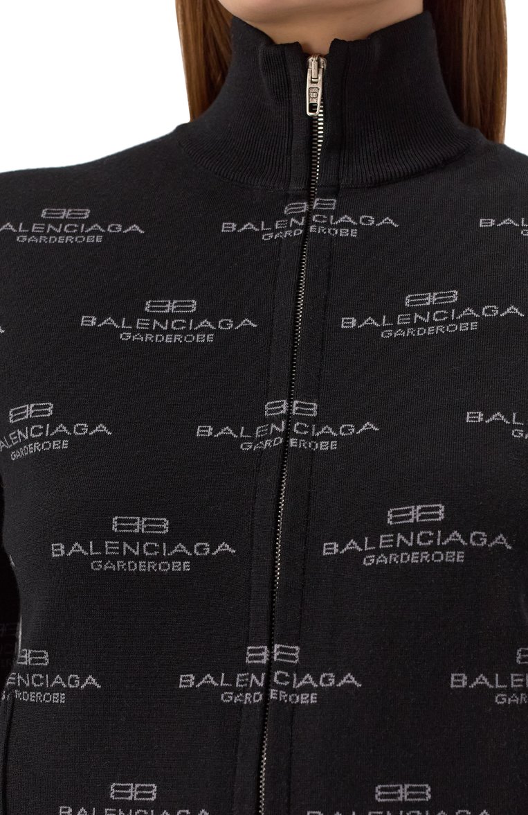 Женский кардиган из шерсти и хлопка BALENCIAGA черного цвета, арт. 812596/T1724 | Фото 5 (Материал внешний: Шерсть, Хлопок; Длина (для топов): Стандартные; Рукава: Длинные; Женское Кросс-КТ: Кардиган-одежда, кардиган-трикотаж; Стили: Гранж; Застежка: Молния)