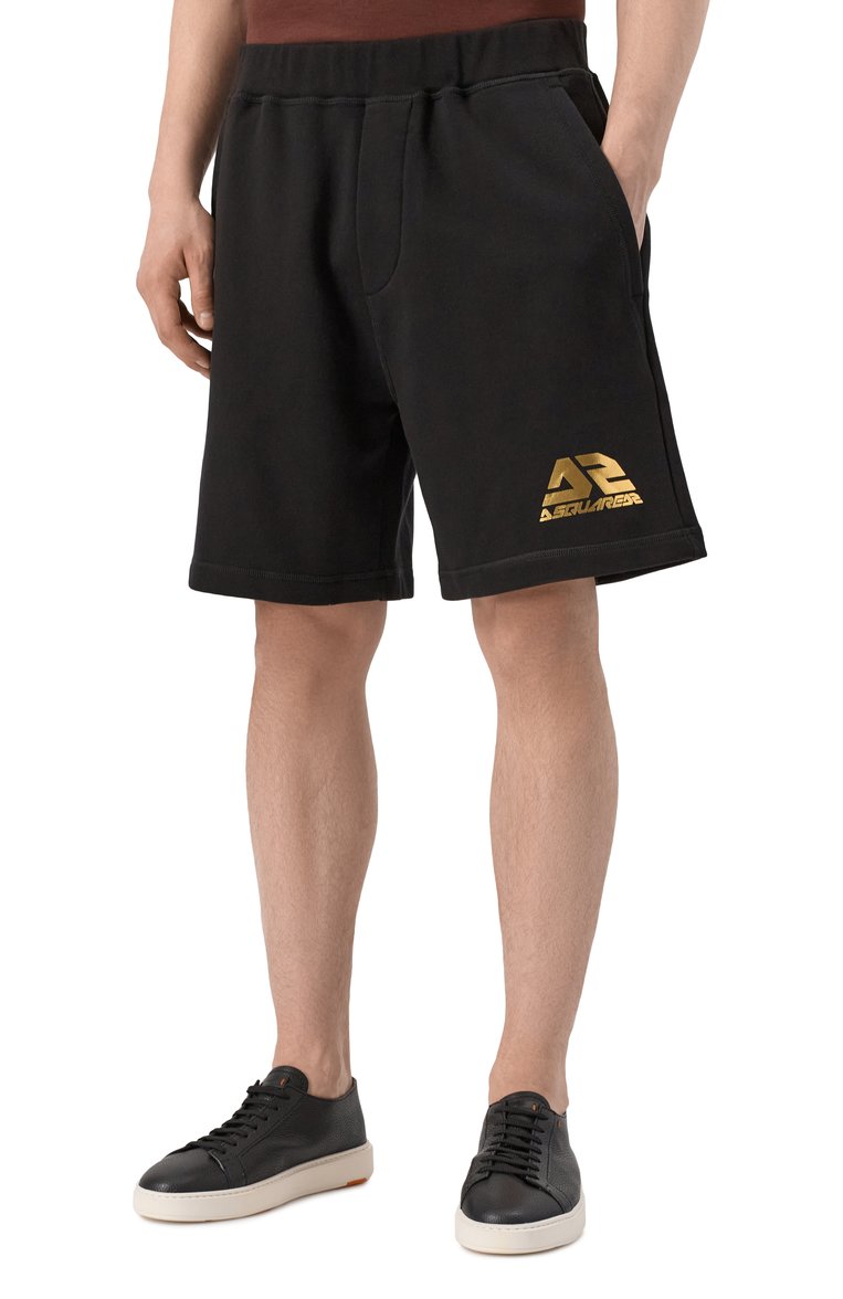 Мужские хлопковые шорты DSQUARED2 черного цвета, арт. S71MU0839/S25551 | Фото 3 (Стили: Спорт-шик, Кэжуэл; Случай: Повседневный; Принт: Без принта; Материал внешний: Хлопок; Длина Шорты М: До колена)