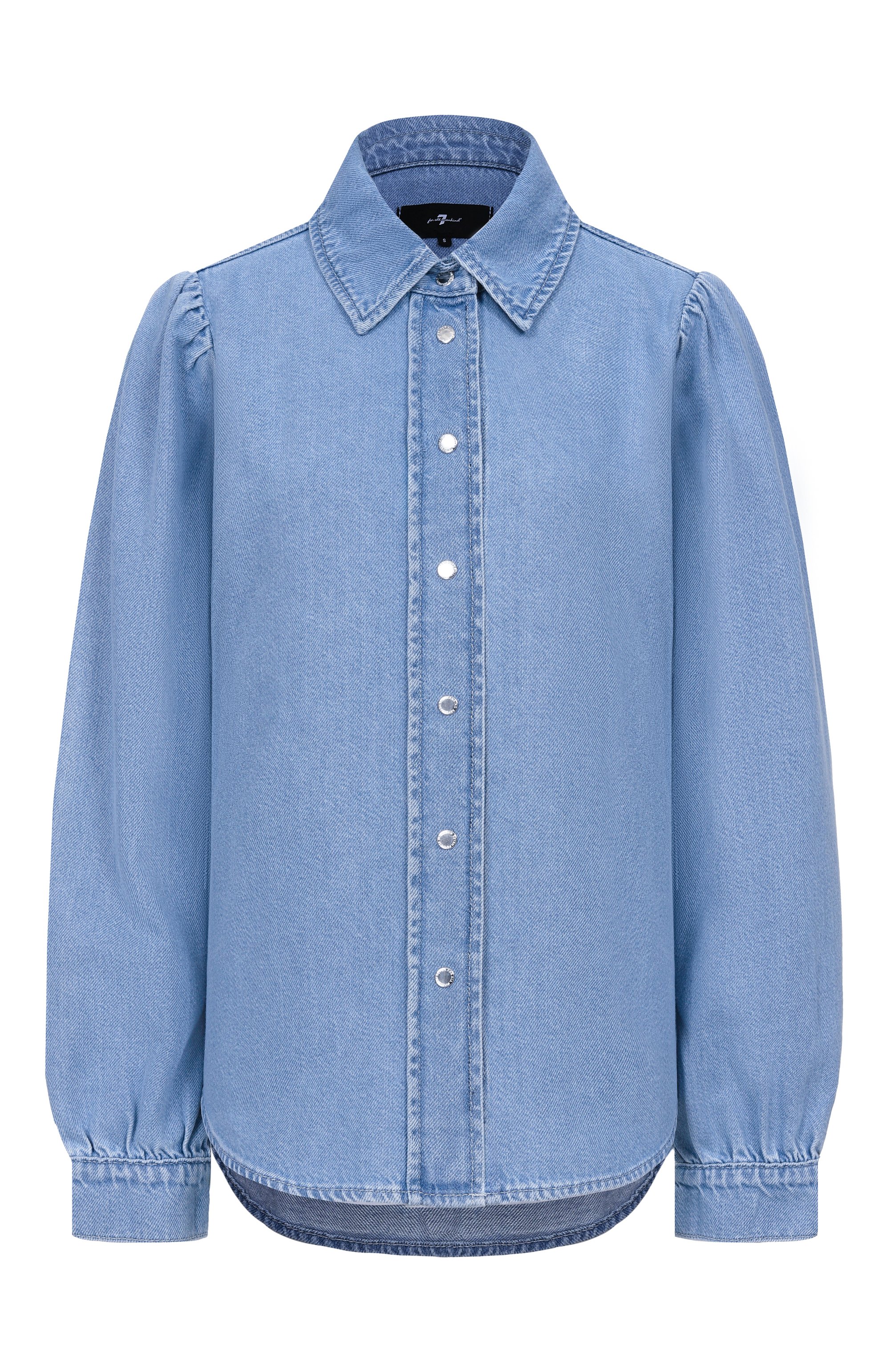 Джинсовая рубашка puff sleever 7 FOR ALL MANKIND голубого цвета по цене 29150 руб., арт. 7U7RTE38-1BA, фото 1 Джинсовая рубашка puff sleever 7 FOR ALL MANKIND, арт. 7U7RTE38-1BA, фото 1