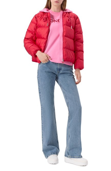 Женская хлопковая футболка MONCLER розового цвета, арт. 8C00009/829HP | Фото 2 (Длина (для топов): Стандартные; Рукава: Короткие; Драгоценные камни: Проставлено; Материал сплава: Проставлено; Материал внешний: Хлопок)