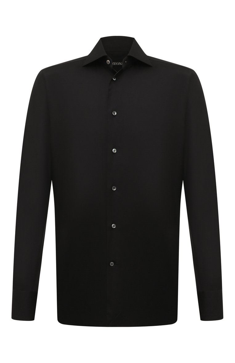 Мужская хлопковая сорочка ZEGNA черного цвета, арт. 704104A7/9MS0BA | Фото 1 (Длина (для топов): Стандартные; Материал внешний: Хлопок; Драгоценные камни: Проставлено; Материал сплава: Проставлено; Рукава: Длинные; Манжеты: На пуговицах; Рубашки М: Regular Fit; Случай: Повседневный, Формальный; Принт: Однотонные; Воротник: Кент; Стили: Кэжуэл)