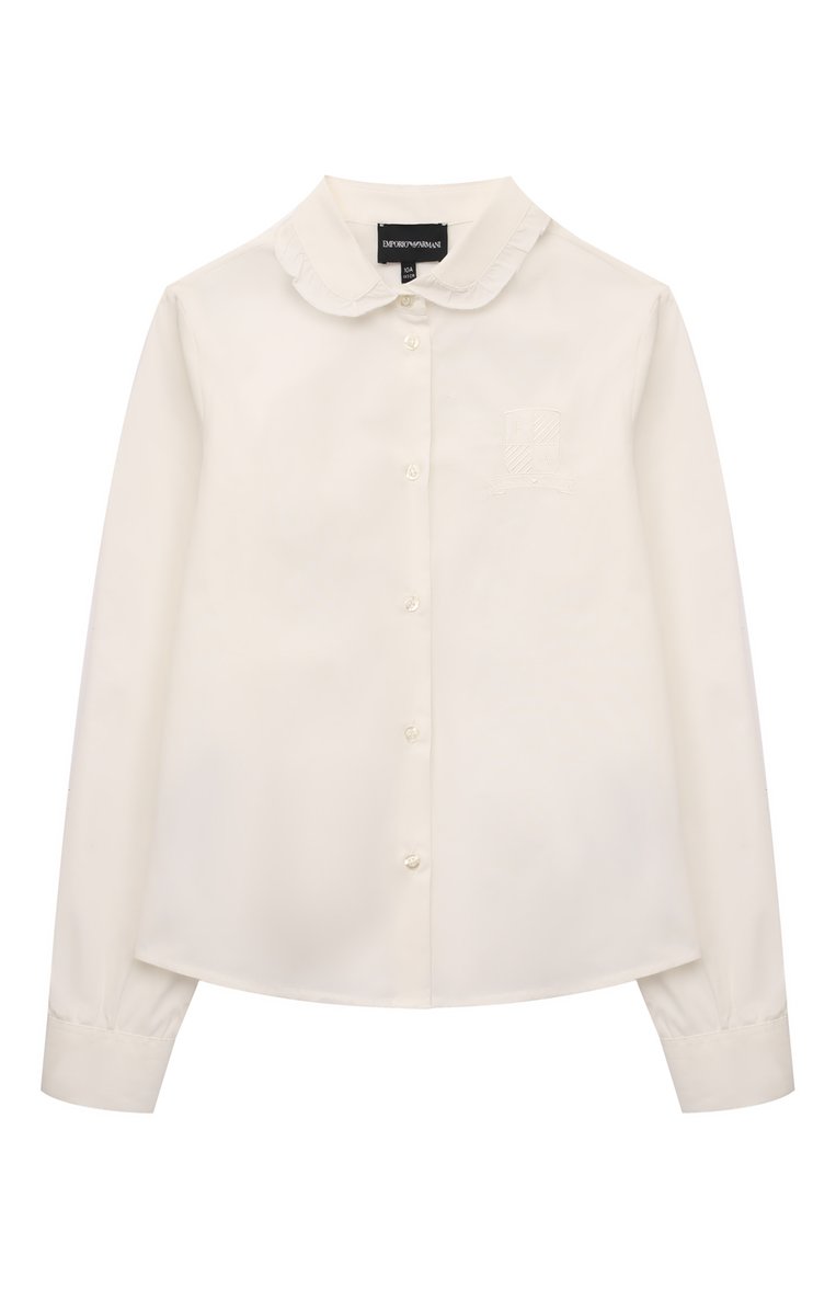 Детское хлопковая рубашка EMPORIO ARMANI молочного цвета, арт. 6D3C02/3N6BZ | Фото 1 (Рукава: Длинные; Материал сплава: Проставлено; Драгоценные камни: Проставлено; Материал внешний: Хлопок; Стили: Классический; Девочки-школьная форма: Блузки; Ростовка одежда: 6 лет | 116 см, 8 лет | 128 см, 7 лет | 122 см, 10 - 11 лет | 140 - 146см, 16 лет | 164 см, 13 - 15 лет | 158 см)