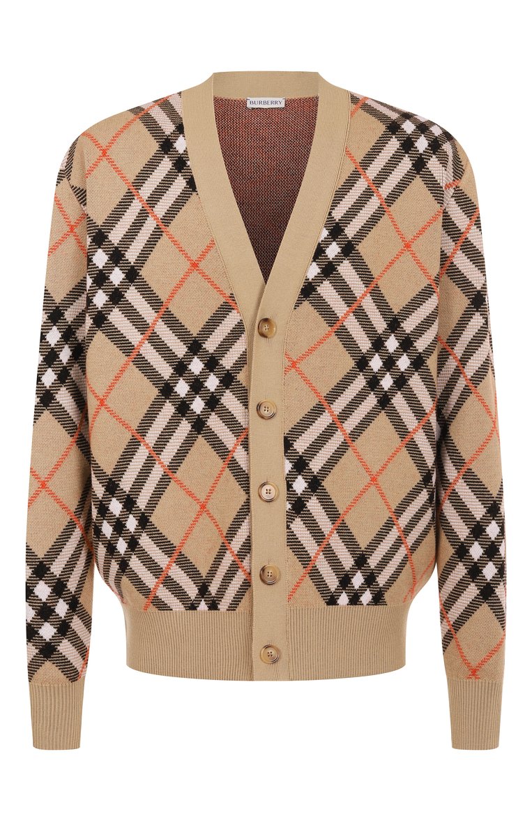 Мужской шерстяной кардиган BURBERRY бежевого цвета, арт. 8093494 | Фото 1 (Рукава: Длинные; Длина (для топов): Стандартные; Материал внешний: Шерсть; Стили: Кэжуэл; Мужское Кросс-КТ: Кардиган-одежда; Застежка: Пуговицы)