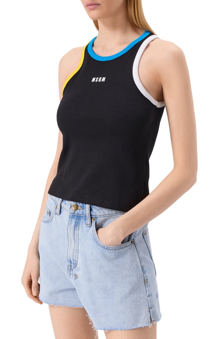 Женская хлопковая майка MSGM черного цвета, арт. 3841MDT76/257120 | Фото 3 (Длина (для топов): Ст�андартные; Стили: Кэжуэл; Материал внешний: Хлопок; Автоматизация ТО: Проставлено; Автоматизация состава: Проставлено)