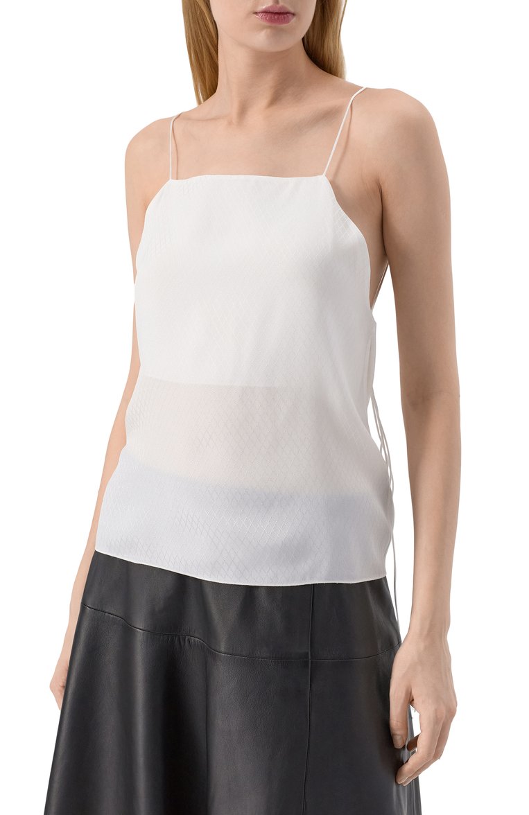 Женский топ ANN DEMEULEMEESTER белого цвета, арт. B0012431/FA563 | Фото 4 (Длина (для топов): Стандартные; Материал внешний: Синтетический материал; Стили: Кэжуэл; Рукава: На бретелях; Автоматизация состава: Проставлено; Автоматизация ТО: Проставлено)