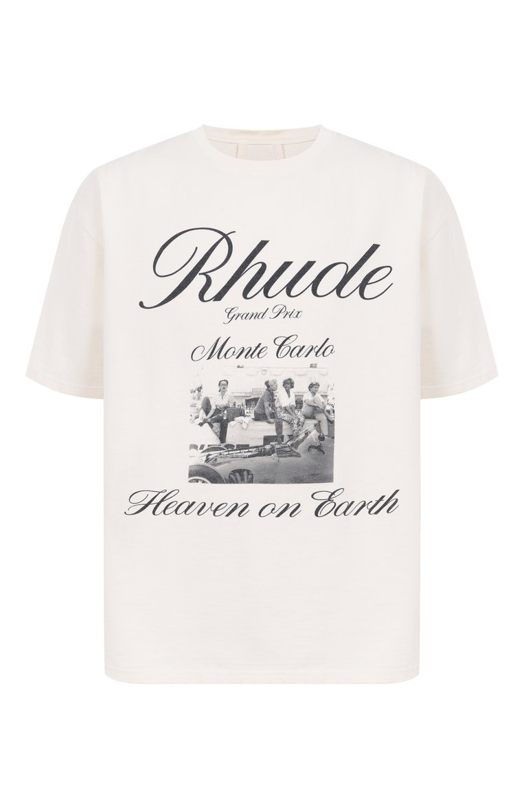 Мужская хлопковая футболка RHUDE кремового цвета, арт. RHSS25TT07012 | Фото 1 (Автоматизация ТО: Проставлено; Рукава: Короткие; Автоматизация состава: Проставлено; Длина (для топов): Стандартные; Материал внешний: Хлопок; Мужское Кросс-КТ: Футболка-одежда; Принт: С принтом; Стили: Спорт-шик; Детали: Без декора)