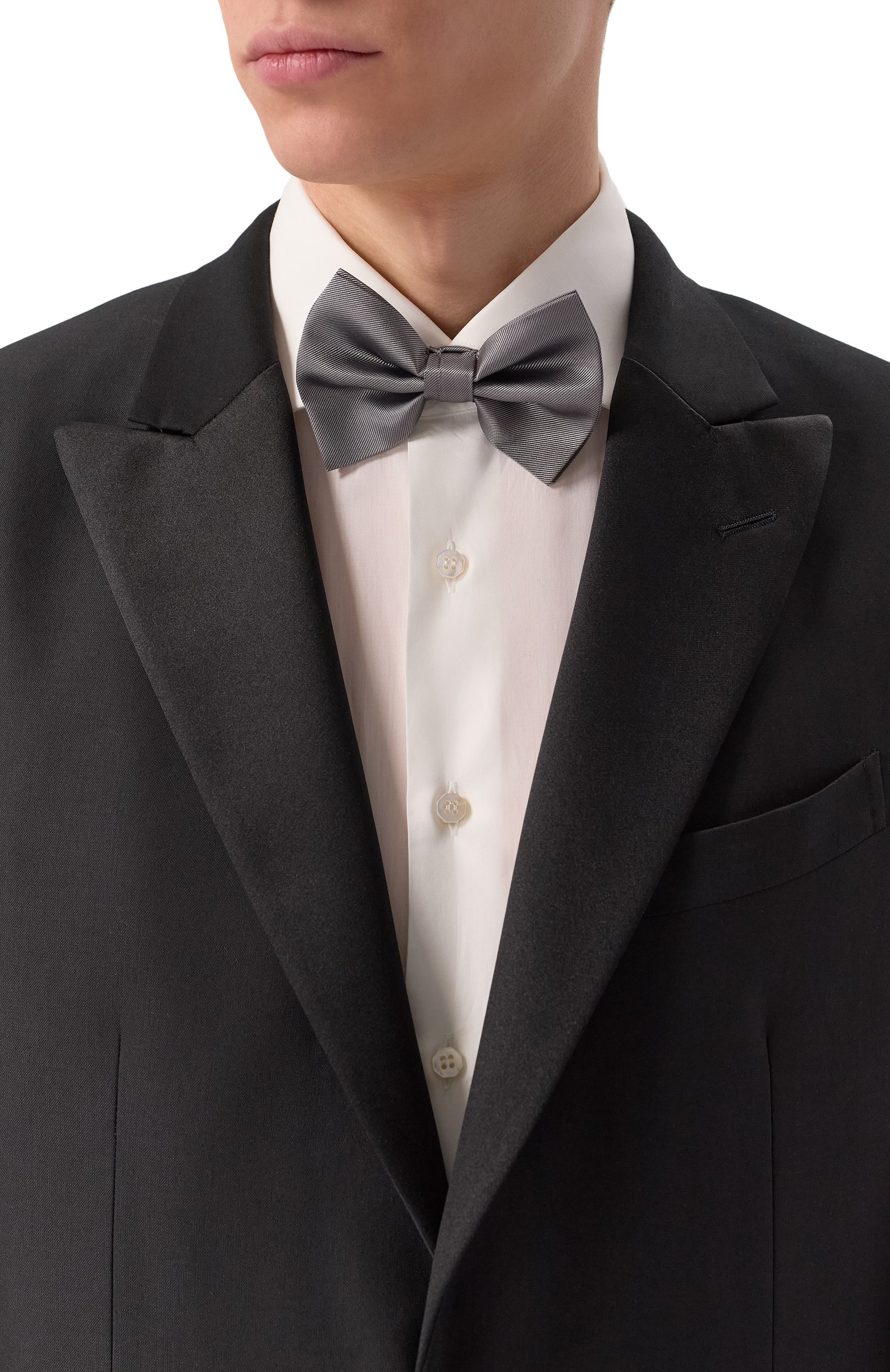 Шелковый галстук-бабочка EMPORIO ARMANI серого цвета по цене 13250 руб., арт. 340118/2R600, фото 2 Шелковый галстук-бабочка EMPORIO ARMANI, арт. 340118/2R600, фото 2