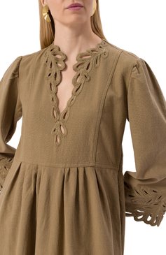 Женское хлопковое платье ISABEL MARANT ETOILE хаки цвета, арт. 25PR00656FA/C1J12E | Фото 5 (Длина Ж (юбки, платья, шорты): Миди; Материал внешний: Хлопок; Драгоценные камни: Проставлено; Материал сплава: Проставлено; Рукава: Длинные; Случай: Повседневный; Женское Кросс-КТ: Платье-одежда; Стили: Кэжуэл)