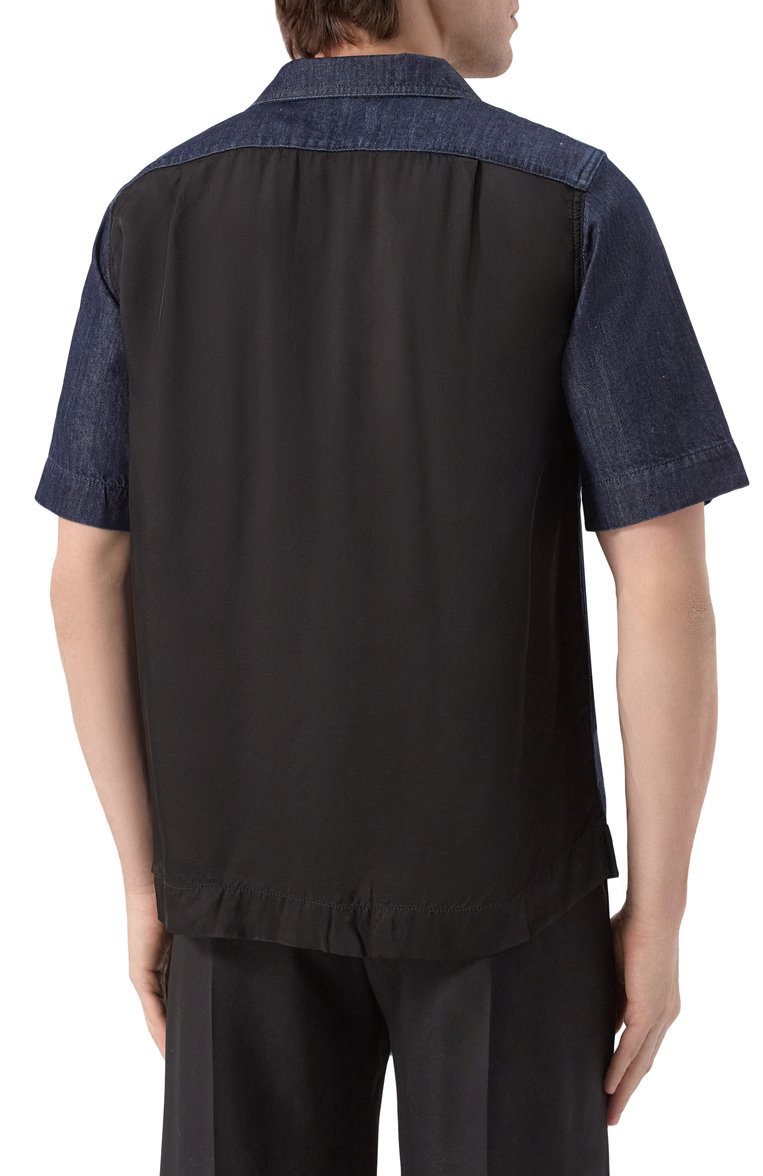 Мужская комбинированная рубашка DRIES VAN NOTEN темно-синего цвета, арт. 251-020727-1553 | Фото 4 (Материал внешний: Хлопок, Деним; Длина (для топов): Стандартные; Рукава: Короткие; Воротник: Отложной; Стили: Кэжуэл; Принт: Однотонные; Кросс-КТ: Деним; Случай: Повседневный)