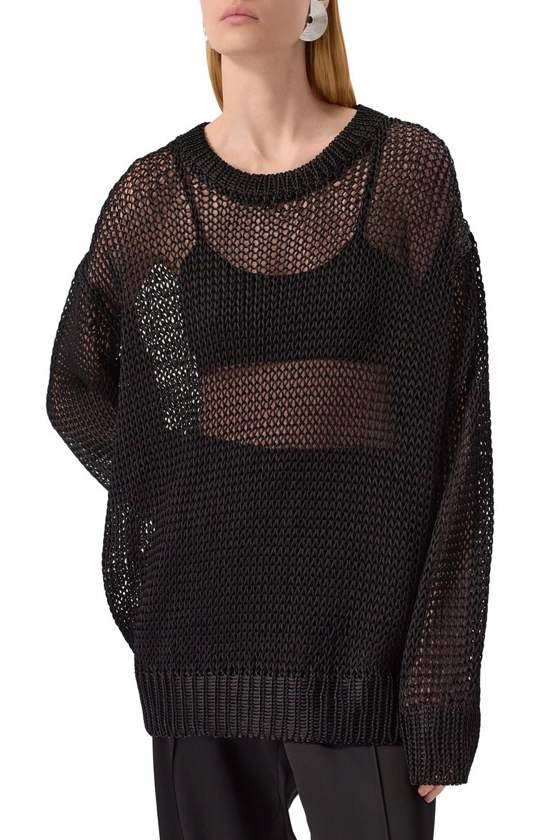 Женский шелковый пуловер JIL SANDER черного цвета, арт. J02GP0209/J16135 | Фото 3 (Материал сплава: Проставлено; Драгоценные камни: Проставлено; Материал внешний: Шелк; Рукава: Длинные; Женское Кросс-КТ: Пуловер-одежда; Стили: Минимализм; Длина (для топов): Стандартные)