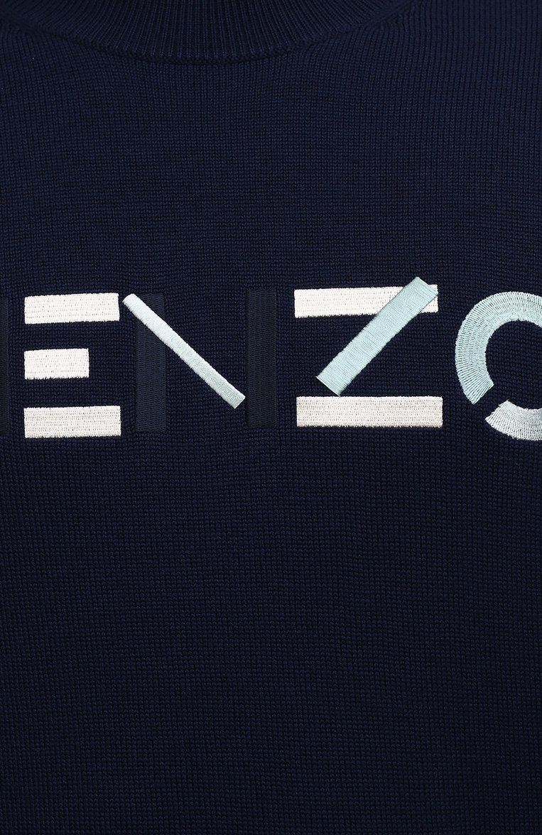 Мужской шерстяной джемпер KENZO темно-синего цвета, арт. FA65PU5413LA | Фото 5 (Материал внешний: Шерсть; Длина (для топов): Стандартные; Рукава: Длинные; Мужское Кросс-КТ: Джемперы; Стили: Кэжуэл; Вырез: Круглый; Принт: С принтом)