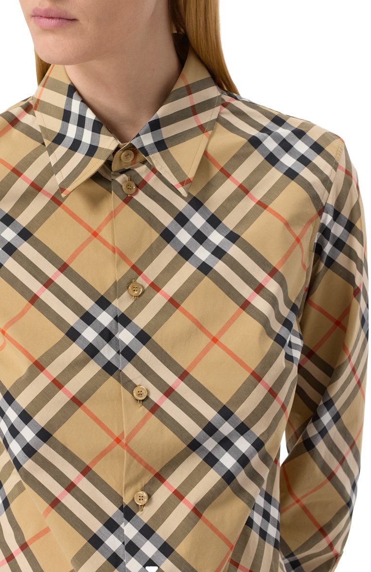 Женская хлопковая рубашка BURBERRY бежевого цвета, арт. 8106163 | Фото 5 (Длина (для топов): Стандартные; Рукава: Длинные; Материал внешний: Хлопок; Женское Кросс-КТ: Рубашка-одежда; Стили: Кэжуэл; Принт: Клетка, С принтом)