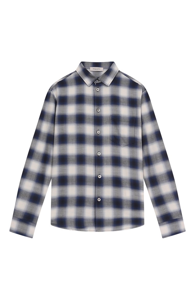 Детская рубашка из хлопка и вискозы GOLDEN GOOSE DELUXE BRAND синего цвета, арт. GKP01397.P001937 | Фото 1 (Материал внешний: Хлопок, Вискоза; Рукава: Длинные; Случай: Повседневный; Ростовка одежда: 6 лет | 116 см, 8 лет | 128 см, 10 - 11 лет | 140 - 146см, 12 лет | 152 см)