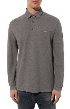 Мужское хлопковое поло ZEGNA серого цвета, арт. UD392A7/D757 | Фото 3 (Длина (для топов): Стандартные; Рукава: Длинные; Материал внешний: Хлопок; Застежка: Пуговицы; Стили: Кэжуэл; Принт: Без принта; Мужское Кросс-КТ: Футболка-одежда)