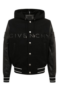 Мужской комбинированный бомбер GIVENCHY черного цвета, арт. BM00XX/6Y16 | Фото 1 (Рукава: Длинные; Длина (верхняя одежда): Короткие; Материал подклада: Купро; Материал сплава: Проставлено; Материал внешний: Шерсть; Драгоценные камни: Проставлено; Кросс-КТ: бомбер; Принт: С принтом; Мужское Кросс-КТ: шерсть и кашемир; Стили: Спорт-шик)