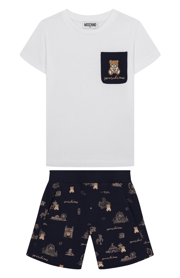 Детского комплект из футболки и шорт MOSCHINO темно-синего цвета, арт. HUG00P/LCB60/4-8 | Фото 1 (Рукава: Короткие; Материал внешний: Хлопок; Мальчики Кросс-КТ: Костюмы-спорт; Автоматизация состава: Проставлено; Автоматизация ТО: Проставлено; Ростовка одежда: 4 года | 104 см, 5 лет | 110 см, 6 лет | 116 см, 8 лет | 128 см)