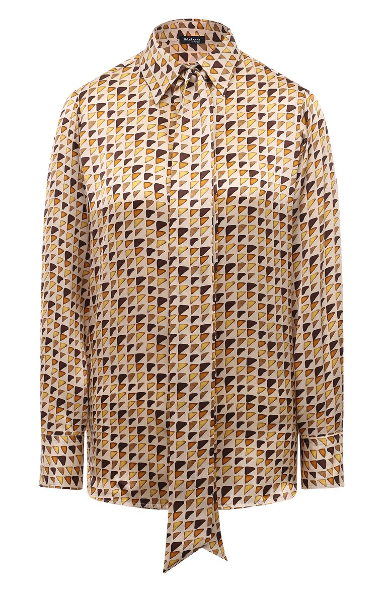 Женская атласная блузка KITON бежевого цвета, арт. D48407K0978C | Фото 1 (Рукава: Длинные; Длина (для топов): Стандартные; Материал внешний: Шелк; Принт: С принтом; Стили: Кэжуэл; Женское Кросс-КТ: Блуза-одежда; Автоматизация ТО: Проставлено; Автоматизация состава: Проставлено)