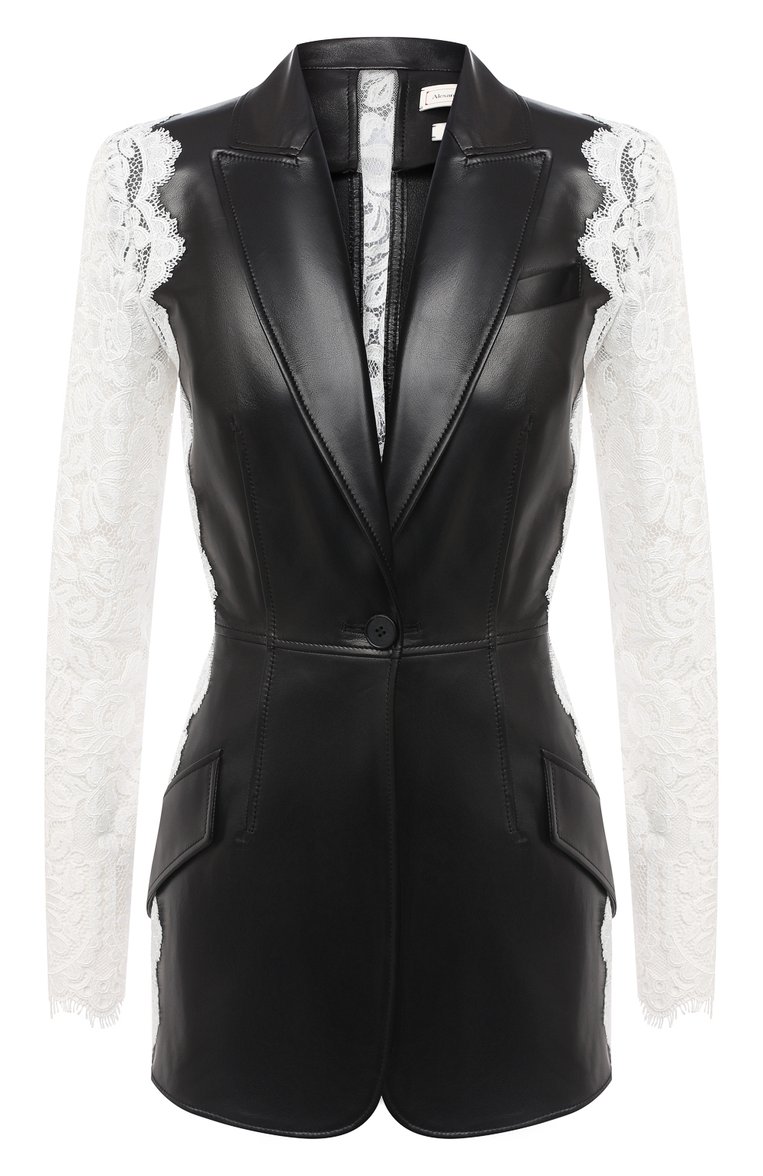 Женский кожаный жакет ALEXANDER MCQUEEN черно-белого цвета, арт. 610853/Q5AEW | Фото 1 (Рукава: Длинные; Случай: Вечерний; Длина (для топов): Удлиненные; 1-2-бортные: Однобортные; Женское Кросс-КТ: Жакет-одежда; Материал внешний: Натуральная кожа; Региональные ограничения белый список (Axapta Mercury): Не проставлено)