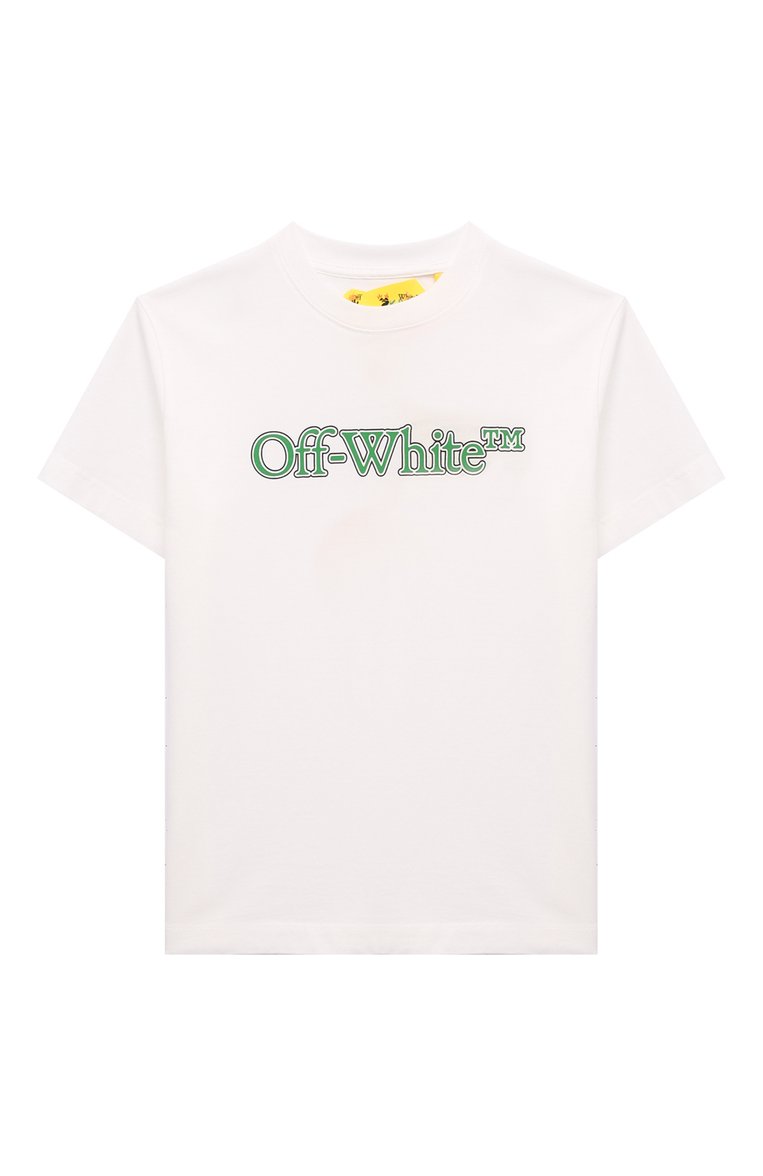 Детская хлопковая футболка OFF-WHITE белого цвета, арт. 0BAA002S24JER004/4-10 | Фото 1 (Материал внешний: Хлопок; Драгоценные камни: Проставлено; Материал сплава: Проставлено; Рукава: Короткие; Мальчики Кросс-КТ: Футболка-одежда; Ростовка одежда: 4 года | 104 см, 6 лет | 116 см, 8 лет | 128 см, 10 - 11 лет | 140 - 146см)