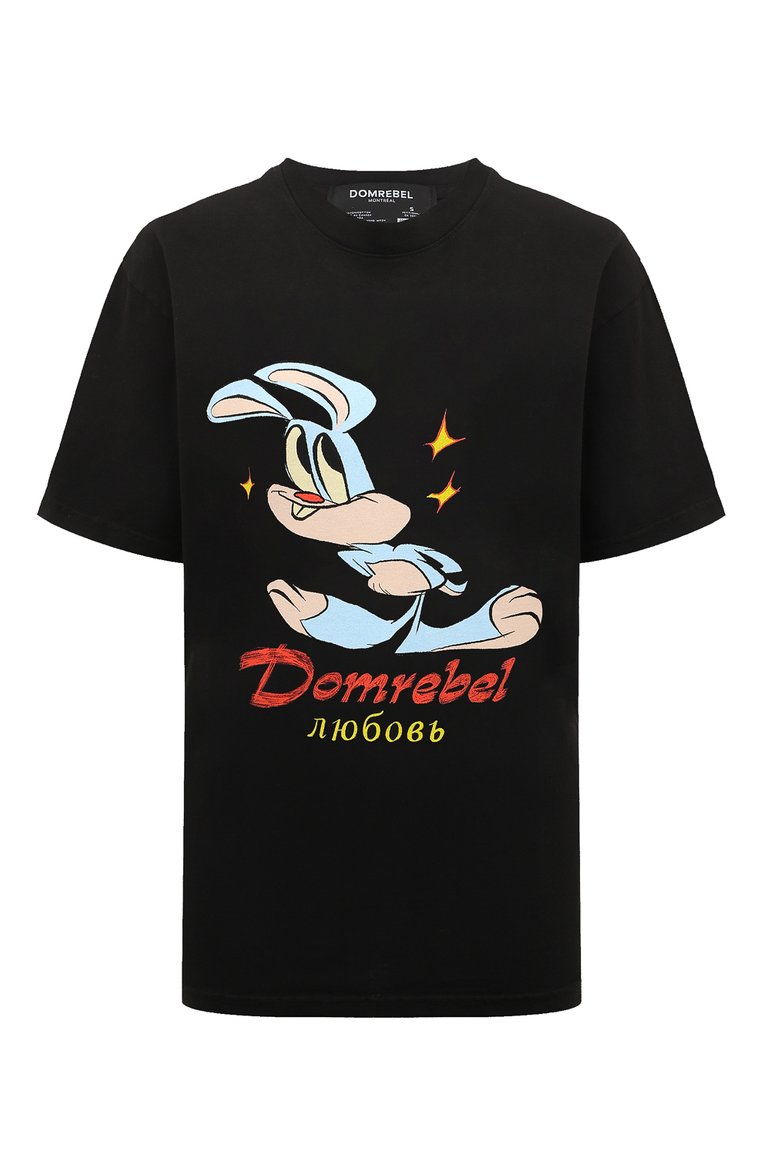 Женская хлопковая футболка DOMREBEL черного цвета, арт. BUNNY L0VE/T-SHIRT | Фото 1 (Рукава: Короткие; Длина (для топов): Стандартные; Принт: С принтом; Материал сплава: Проставлено; Матер�иал внешний: Хлопок; Женское Кросс-КТ: Футболка-одежда; Драгоценные камни: Проставлено; Стили: Кэжуэл)