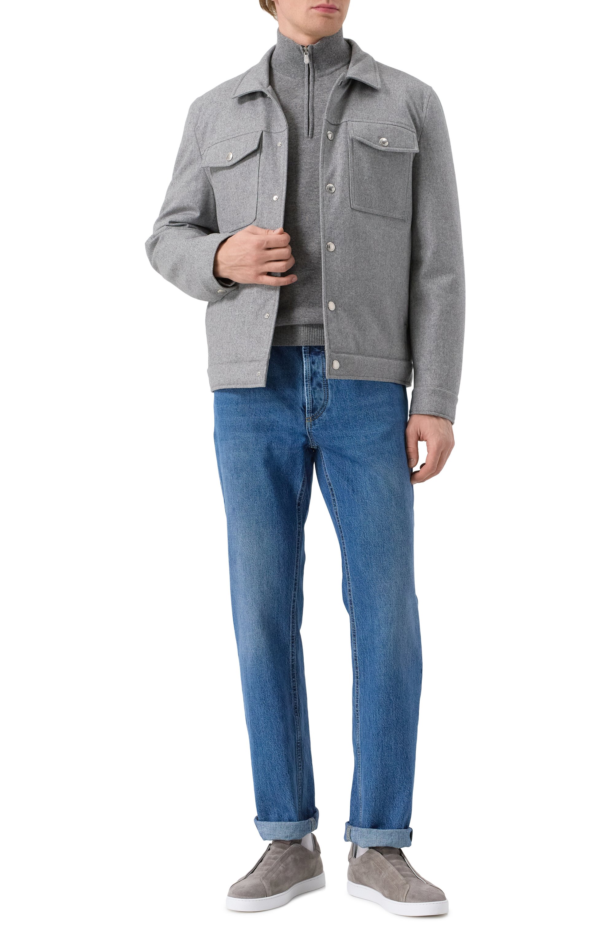 Утепленная куртка-рубашка BRUNELLO CUCINELLI серого цвета по цене 521000 руб., арт. MM4636447, фото 2 Утепленная куртка-рубашка BRUNELLO CUCINELLI, арт. MM4636447, фото 2