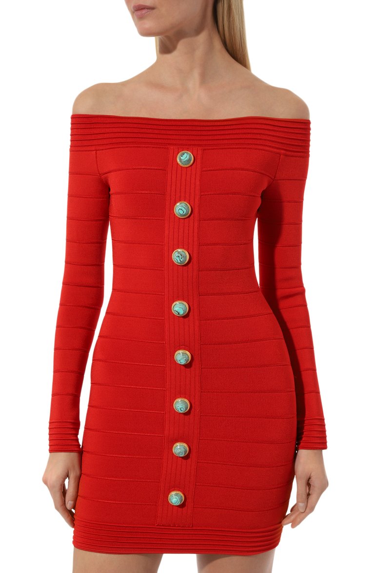 Женское платье из вискозы BALMAIN красного цвета, арт. AF1R8403KD61 | Фото 3 (Длина Ж (юбки, платья, шорты): Мини; Материал внешний: Вискоза; Рукава: Длинные; Кросс-КТ: Трикотаж; Женское Кросс-КТ: Платье-одежда; Стили: Романтичный; Случай: Повседневный)