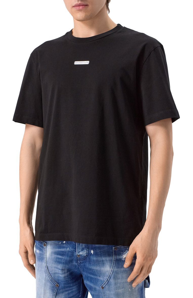 Мужская хлопковая футболка DSQUARED2 черного цвета, арт. S74GD1398/D20020 | Фото 3 (Длина (для топов): Стандартные; Рукава: Короткие; Драгоценные камни: Проставлено; Материал сплава: Проставлено; Принт: Без принта; Стили: Спорт-шик; Материал внешний: Хлопок; Мужское Кросс-КТ: Футболка-одежда; Кросс-КТ: Джерси)