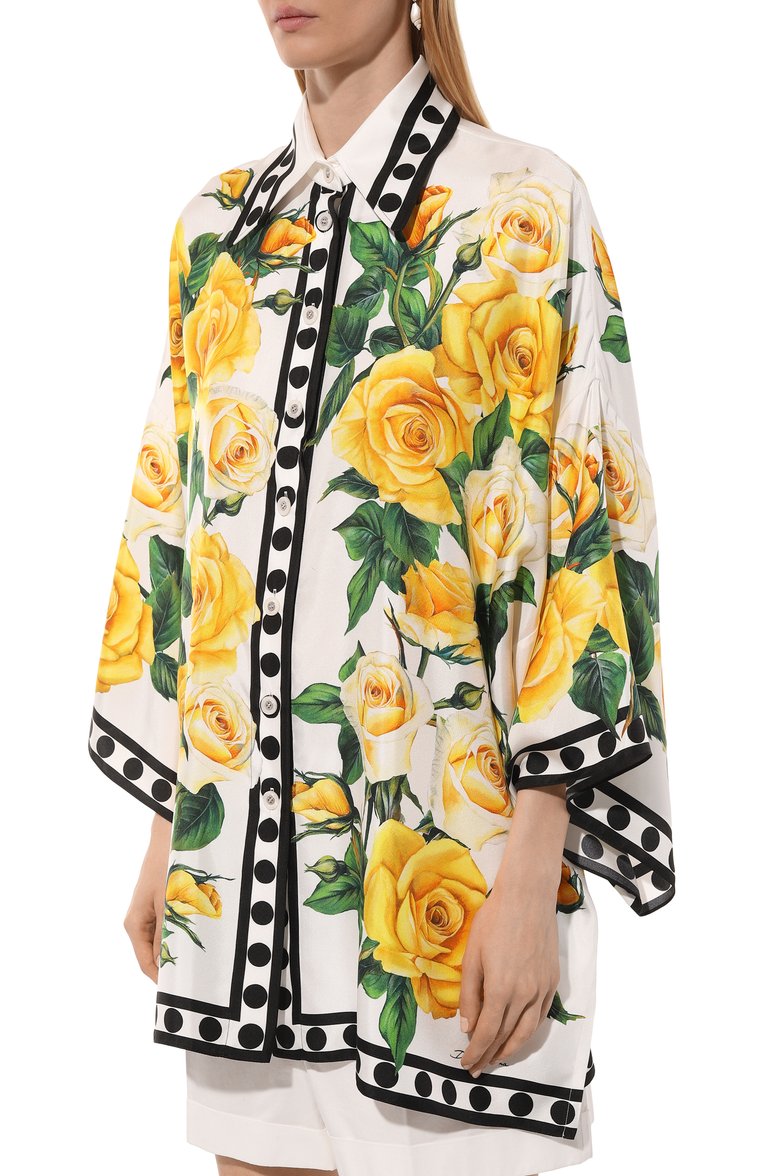 Женская шелковая блузка DOLCE & GABBANA желтого цвета, арт. F5Q42T/GDA9C | Фото 3 (Материал сплава: Проставлено; Материал внешний: Шелк; Рукава: Длинные; Драгоценные камни: Проставлено; Длина (для топов): Удлиненные; Принт: С принтом; Женское Кросс-КТ: Блуза-одежда; Стили: Кэжуэл)