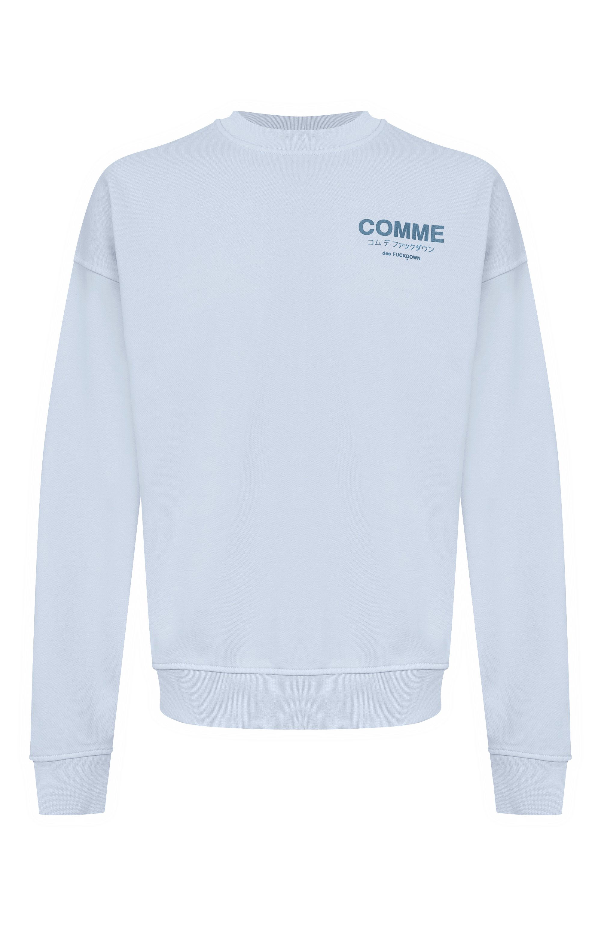 Хлопковый свитшот COMME DES FUCKDOWN голубого цвета по цене 17700 руб., арт. CFABM01920, фото 1 Хлопковый свитшот COMME DES FUCKDOWN, арт. CFABM01920, фото 1