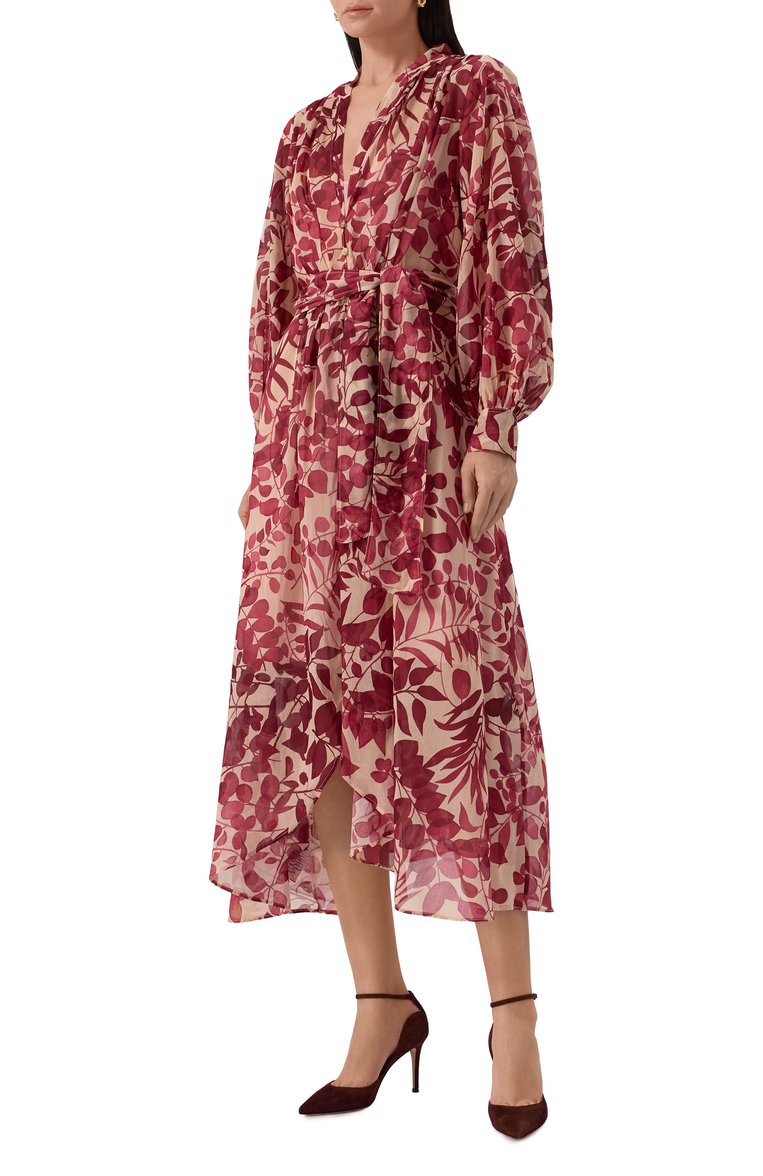 Женское платье из хлопка и шелка FORTE_FORTE бордового цвета, арт. 13631_MY DRESS | Фото 3 (Драгоценные камни: Проставлено; Длина Ж (юбки, платья, шорты): Миди; Материал сплава: Проставлено; Рукава: Длинные; Случай: Повседневный; Женское Кросс-КТ: Платье-одежда; Материал внешний: Хлопок)