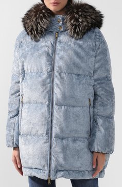 Женский вельветовый пуховик MONCLER голубого цвета, арт. D2-093-49907-20-549UA | Фото 3 (Материал внешний: Хлопок, Вискоза; Материал подклада: Синтетический материал; Рукава: Длинные; Материал утеплителя: Пух и перо; Длина (верхняя одежда): До середины бедра; Кросс-КТ: Пуховик; Материал сплава: Проставлено; Драгоценные камни: Проставлено; Ювелирные украшения: Назначено)