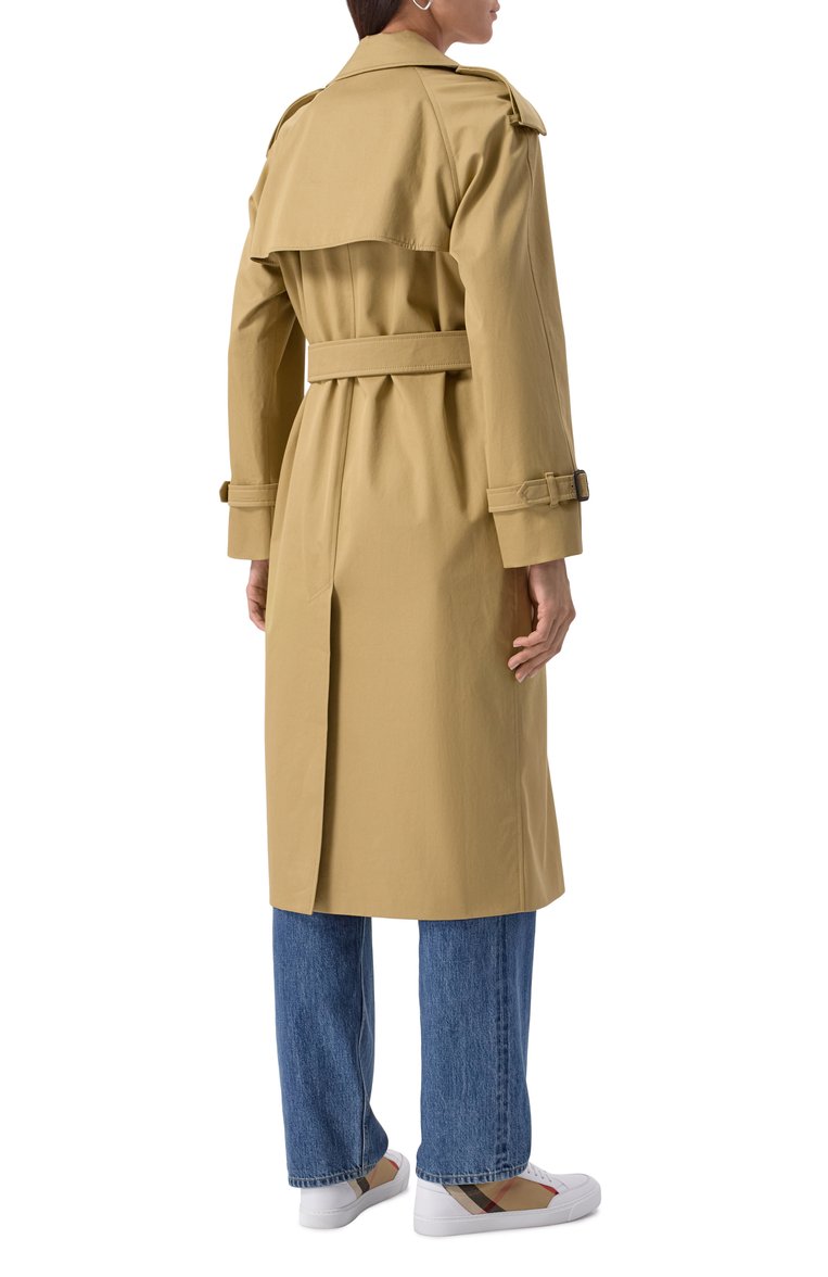 Женский хлопковый тренч BURBERRY бежевого цвета, арт. 8104711 | Фото 4 (Материал подкл�ада: Хлопок; Рукава: Длинные; Материал внешний: Хлопок; Длина (верхняя одежда): Длинные; Стили: Классический; Кросс-КТ: Куртка)
