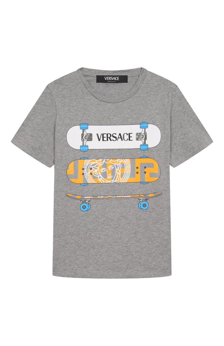 Детская хлопковая футболка VERSACE серого цвета, арт. 1018293/1A13086/4A-6A | Фото 1 (Материал внешний: Хлопок; Рукава: Короткие; Мальчики Кросс-КТ: Футболка-одежда; Ростовка одежда: 6 лет | 116 см)