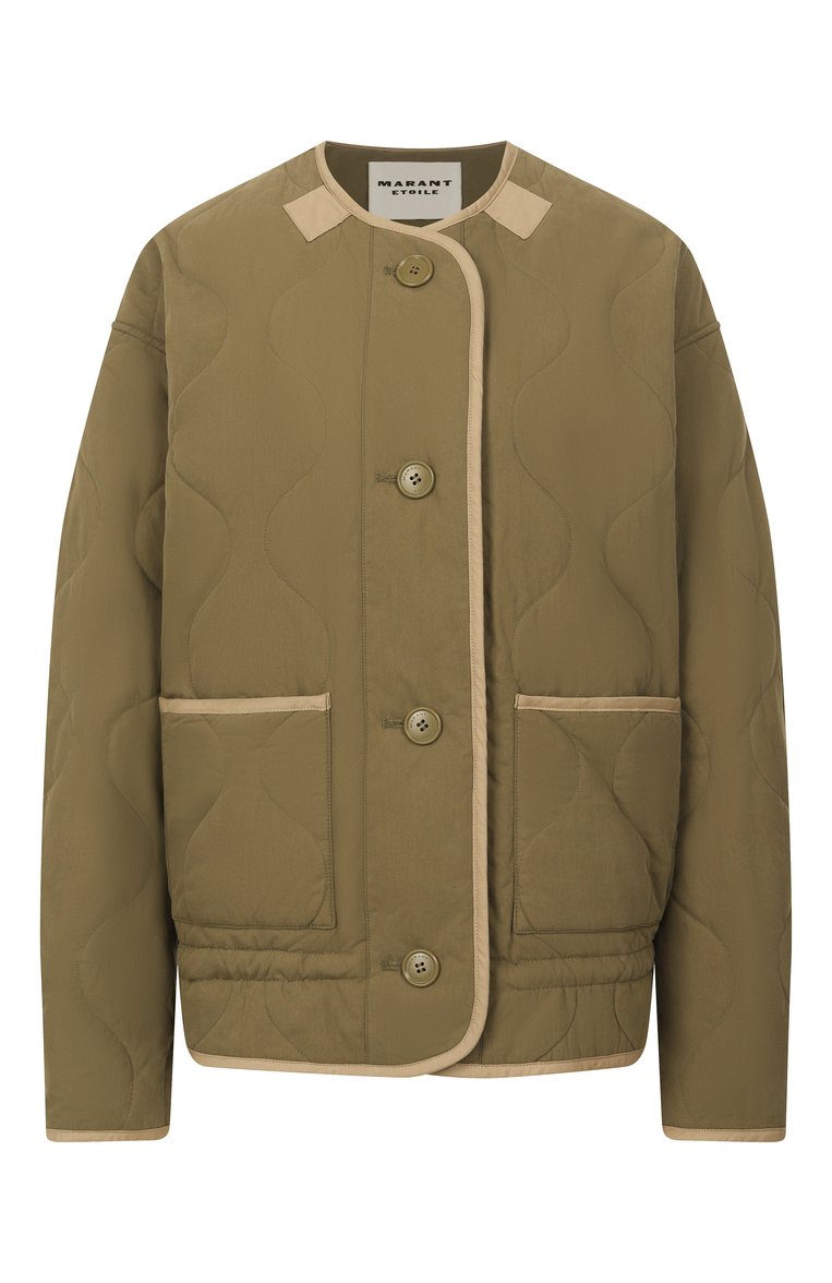 Женская хлопковая куртка ISABEL MARANT ETOILE хаки цвета, арт. MA0421FA/C1C05E | Фото 1 (Длина (верхняя одежда): Короткие; Рукава: Длинные; Материал внешний: Синтетический материал, Хлопок; Материал подклада: Хлопок; Кросс-КТ: Куртка, Легкие; Стили: Милитари; Автоматизация ТО: Проставлено; Автоматизация состава: Проставлено)