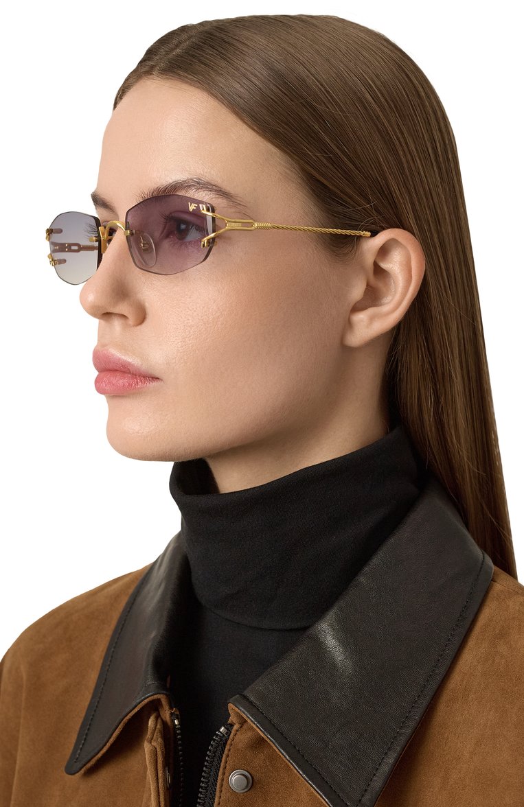 Женские солнцезащитные очки VINTAGE FRAMES серого цвета, арт. ASPEN 24KT G0LD/ASPHALT | Фото 2 (Тип очков: С/з; Нос: Не проставлено; Материал: Металл; Региональные ограничения белый список (Axapta Mercury): Не проставлено; Кросс-КТ: С/з-унисекс; Очки форма: Овальные, Безоправные; Оптика Гендер: оптика-унисекс)
