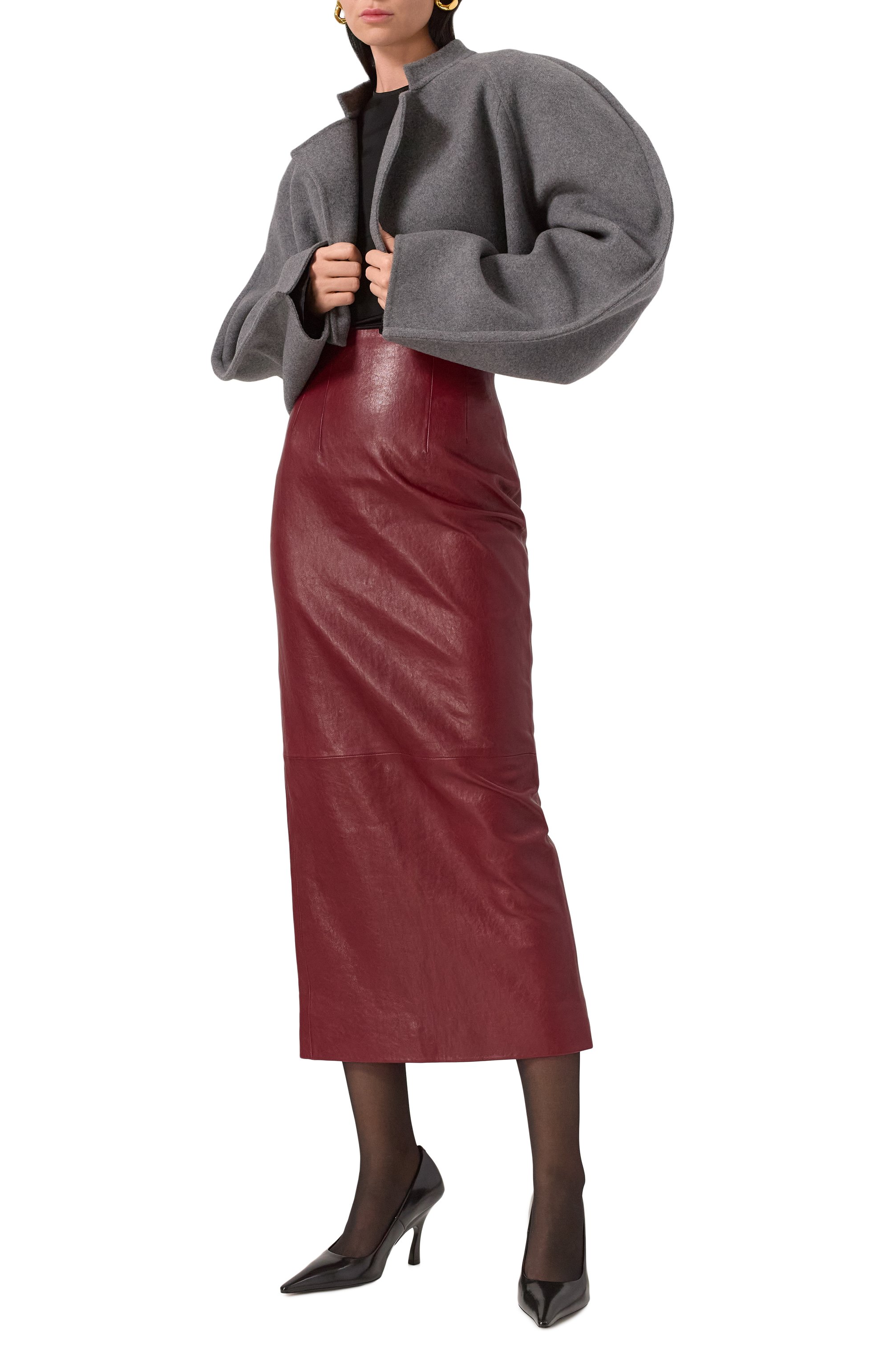 Кожаная юбка KHAITE бордового цвета по цене 351500 руб., арт. 4108843/L0XLEY, фото 2 Кожаная юбка KHAITE, арт. 4108843/L0XLEY, фото 2