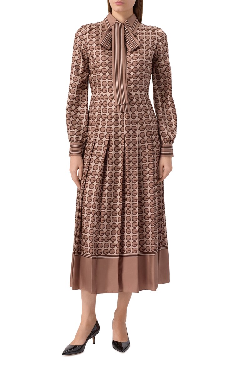 Женское шелковое платье GUCCI бежевого цвета, арт. 715616/ZAKVJ | Фото 3 (Рукава: Длинные; Длина Ж (юбки, платья, шорты): Миди; Материал внешний: Шелк; Женское Кросс-КТ: Платье-одежда; Случай: Повседневный; Стили: Романтичный)