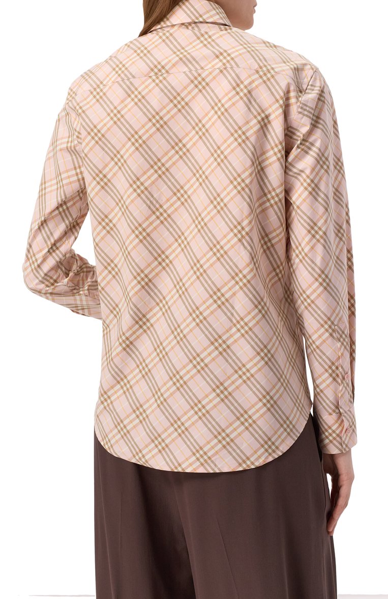 Женская хлопковая рубашка BURBERRY розового цвета, арт. 8101134 | Фото 4 (Длина (для топов): Удлиненные; Стили: Кэжуэл; Принт: Клетка, С принтом; Рукава: Длинные; Материал внешний: Хлопок; Женское Кросс-КТ: Рубашка-одежда)