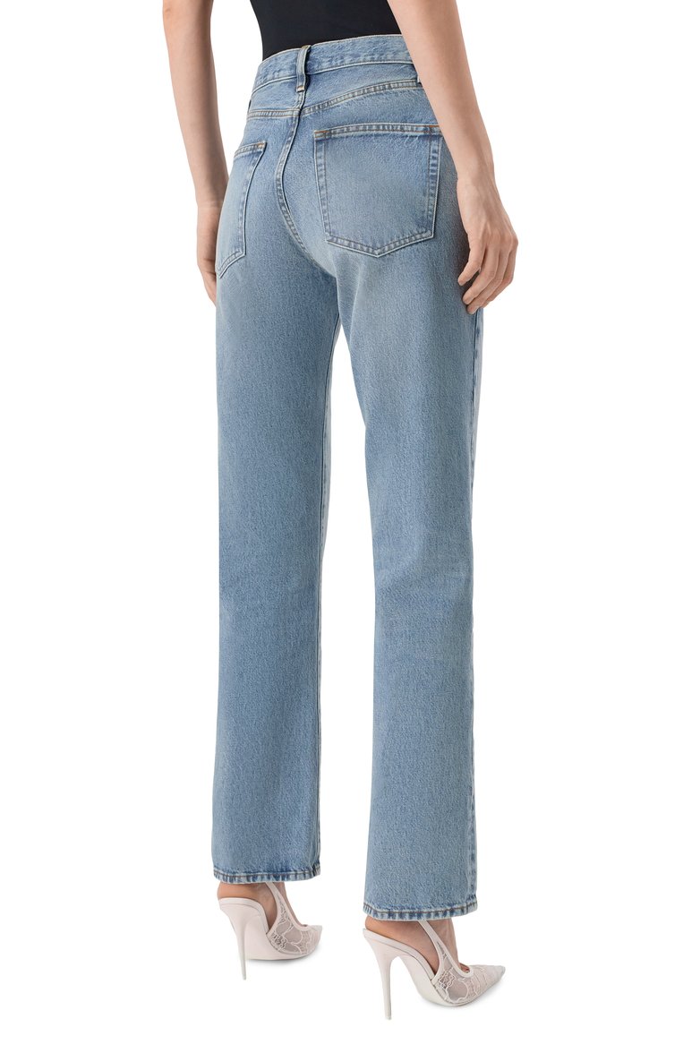 Женские джинсы FRAME DENIM голубого цвета, арт. 1005210 | Фото 4 (Длина (брюки, джинсы): Стандартные; Материал внешний: Хлопок, Деним; Автоматизация ТО: Проставлено; Автоматизация состава: Проставлено; Силуэт Ж (брюки и джинсы): Прямые; Кросс-КТ: Деним; Детали: Делаве; Стили: Кэжуэл)