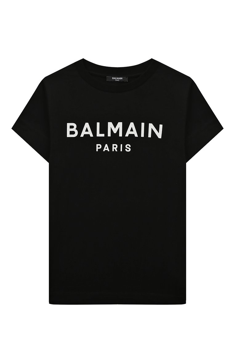 Детская хлопковая футболка BALMAIN черного цвета, арт. 6R8A51 | Фото 1 (Материал внешний: Хлопок; Рукава: Короткие; Мальчики Кросс-КТ: Футболка-одежда; Драгоценные камни: Проставлено; Материал сплава: Проставлено; Региональные ограничения белый список (Axapta Mercury): Не проставлено; Нос: Не проставлено)