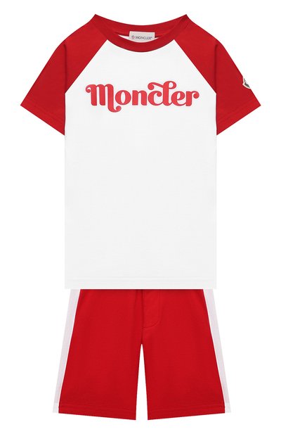 Комплект из футболки и шорт MONCLER красного цвета по цене 23450 руб., арт. G1-954-8M747-20-83907/12-14A, фото 1 Комплект из футболки и шорт MONCLER, арт. G1-954-8M747-20-83907/12-14A, фото 1
