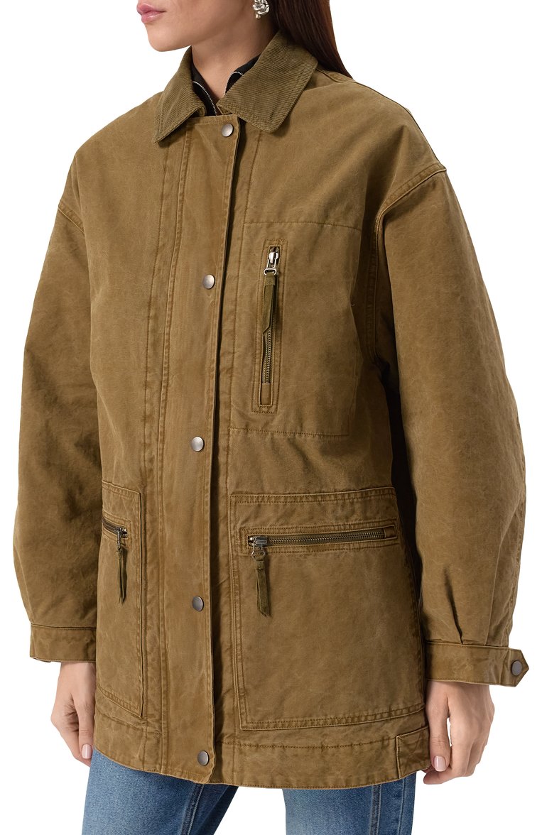 Женская хлопковая куртка ISABEL MARANT ETOILE светло-коричневого цвета, арт. 25PVE0448FA/C1G01E | Фото 3 (Длина (верхняя одежда): До середины бедра; Рукава: Длинные; Материал сплава: Проставлено; Драгоценные камни: Проставлено; Материал подклада: Синтетический материал; Стили: Кэжуэл; Кросс-КТ: Куртка, Легкие; Материал внешний: Хлопок)