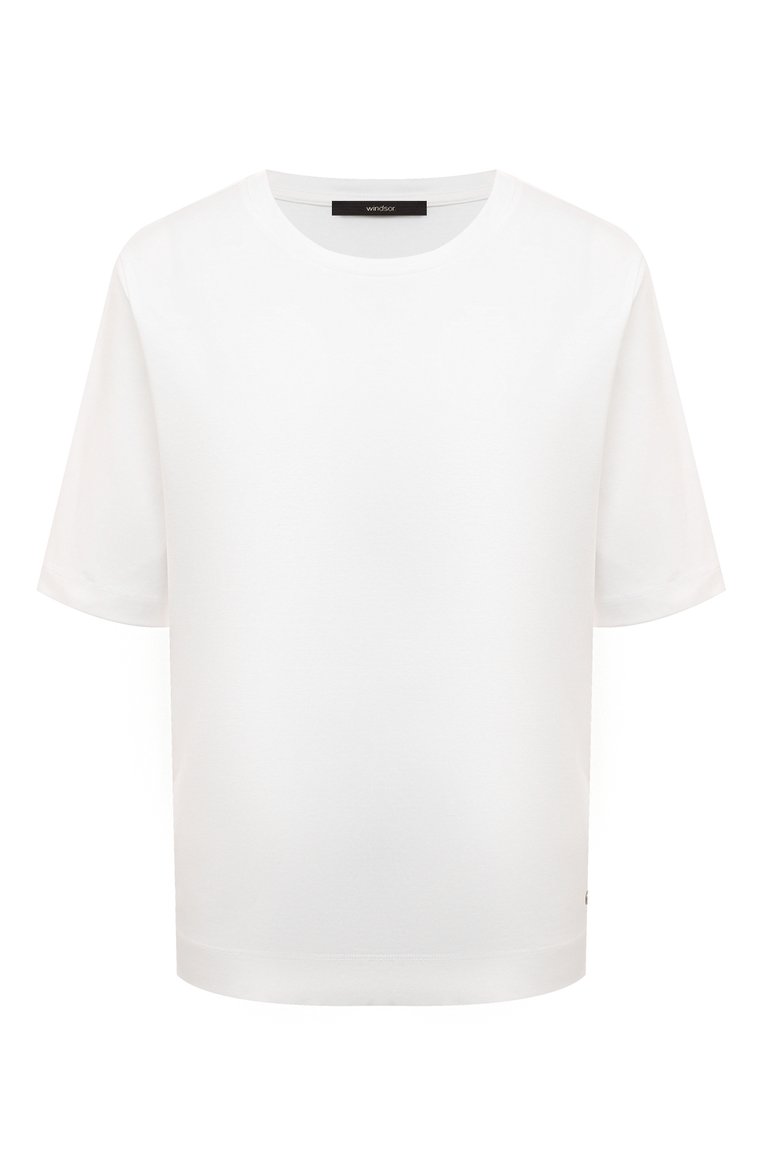 Женская хлопковая футболка WINDSOR б�елого цвета, арт. 52 DT901/10012442 | Фото 1 (Принт: Без принта; Рукава: Короткие; Длина (для топов): Стандартные; Материал сплава: Проставлено; Материал внешний: Хлопок; Драгоценные камни: Проставлено; Стили: Кэжуэл)
