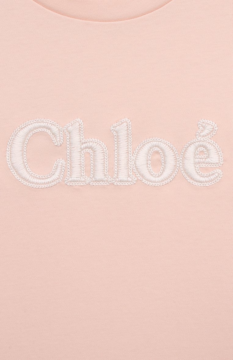 Детская хлопковая футболка CHLOÉ светло-розового цвета, арт. C20366 | Фото 3 (Материал сплава: Проста�влено; Материал внешний: Хлопок; Рукава: Короткие; Драгоценные камни: Проставлено; Девочки Кросс-КТ: футболка-одежда; Ростовка одежда: 4 года | 104 см, 5 лет | 110 см, 7 лет | 122 см, 9 лет | 134 см, 12 лет | 152 см, 13 - 15 лет | 158 см)