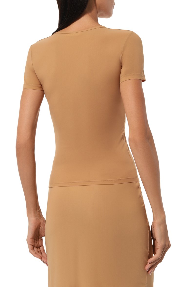 Женская футболка JIL SANDER бежевого цвета, арт. J01GC0003/J70026 | Фото 4 (Рукава: Короткие; Материал внешний: Синтетический материал; Длина (для топов): Стандартные; Стили: Минимализм; Принт: Без принта; Кросс-КТ: костюм; Автоматизация ТО: Проставлено; Автоматизация состава: Проставлено)