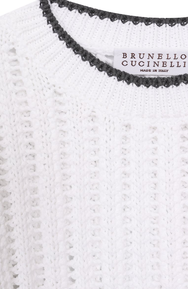 Детский хлопковый свитер BRUNELLO CUCINELLI белого цвета, арт. BSBM52500A | Фото 3 (Рукава: Длинные; Материал внешний: Хлопок; Девочки Кросс-КТ: Свитер-одежда; Автоматизация состава: Проставлено; Автоматизация ТО: Проставлено; Ростовка одежда: 6 лет | 116 см, 4 года | 104 см)